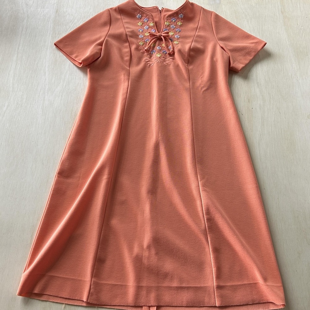 VTG Dress Womens Medium Orange Floral Embroidered Bow V Neck A Line Knee Length